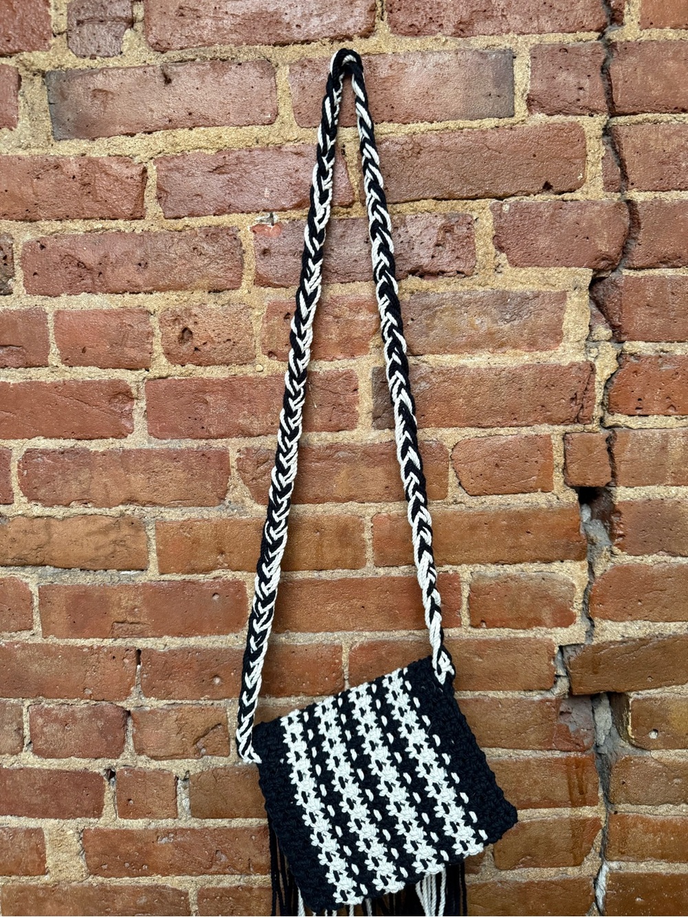 Boho Black & White Crochet Fringe Crossbody Bag - Picture 4 of 5